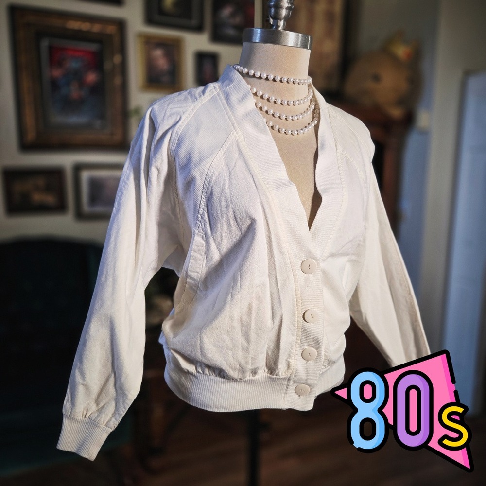 Vintage Liberation Bomber Jacket 80s White Cardigan Button‎ Up Small Made in USA